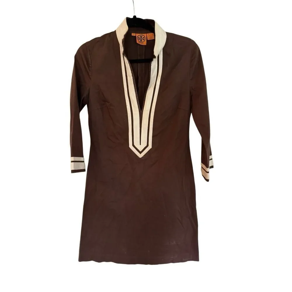 Tory Burch Womens Brown 3/4 Sleeve Deep V-neck Mini Kaftan Tunic Dress Size 8